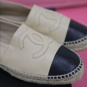 Chanel Tan Black Leather Espadrilles